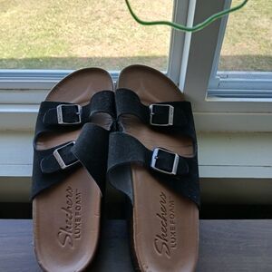 Skechers Black Luxe Foam Buckle Sandals